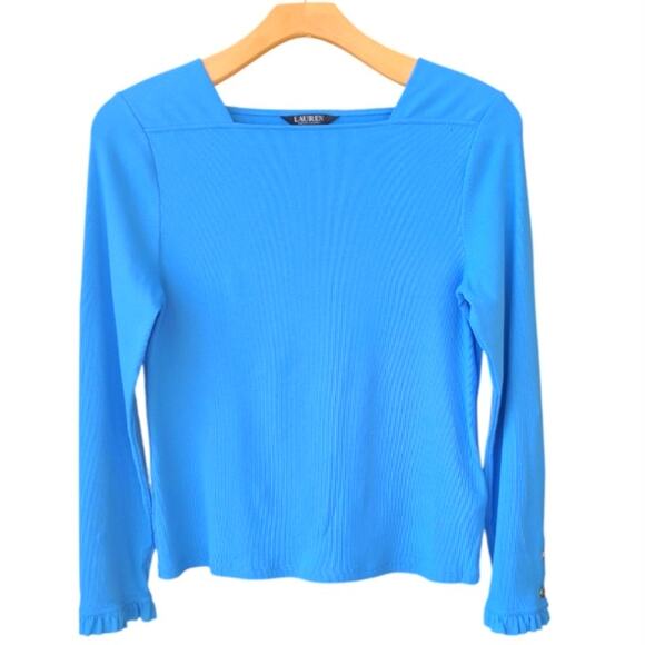 Lauren Ralph Lauren Long Sleeve Gold Button Ruffle Cuff Rib Knit Top Size L Blue - Picture 1 of 8